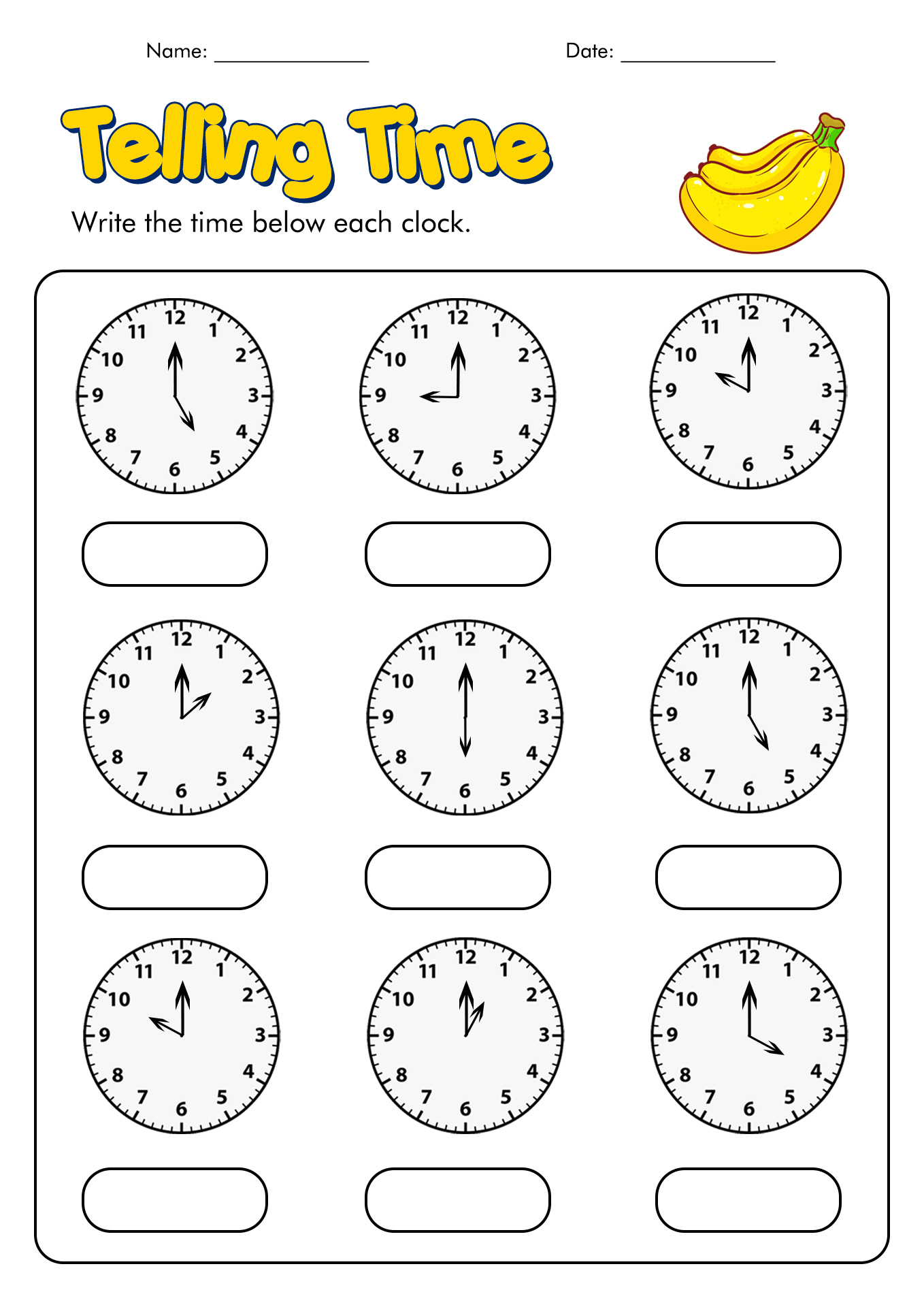 Telling Time Worksheets for Second Grade