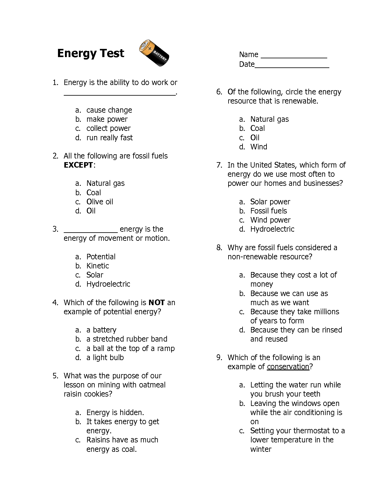 3rd Grade Energy Test