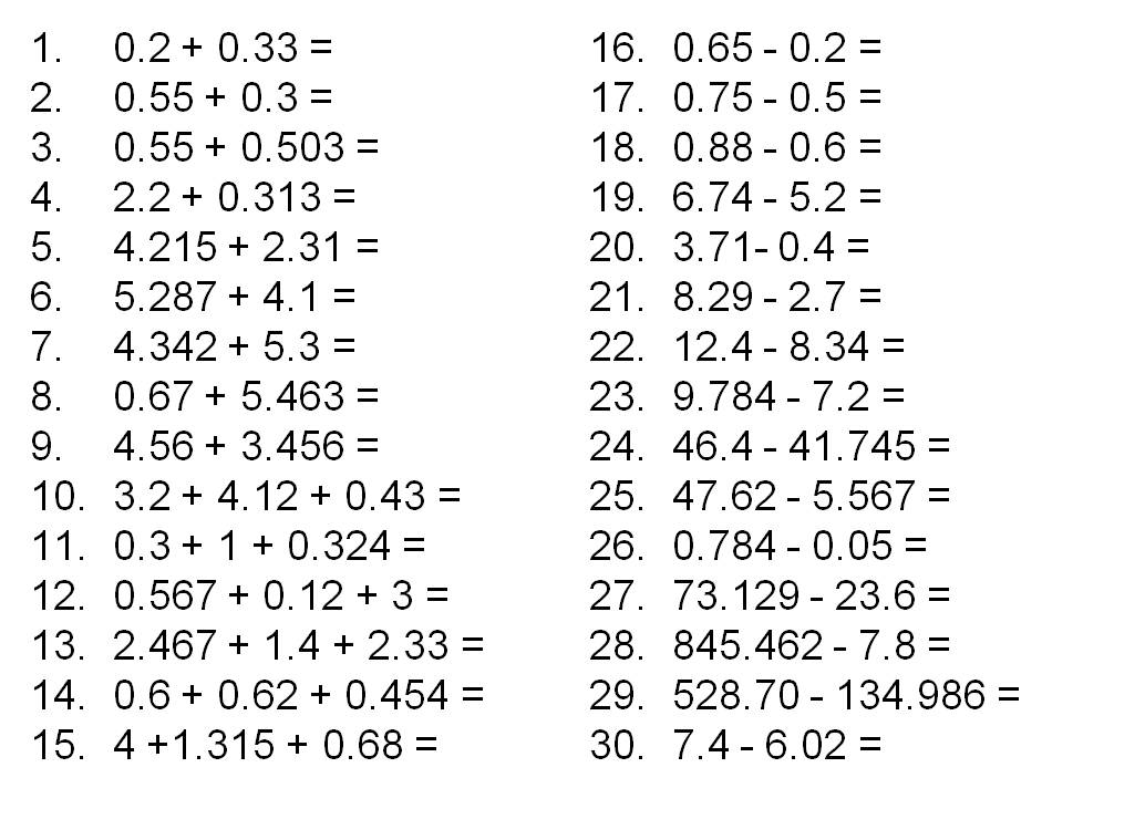 Adding and Subtracting Decimals Worksheets