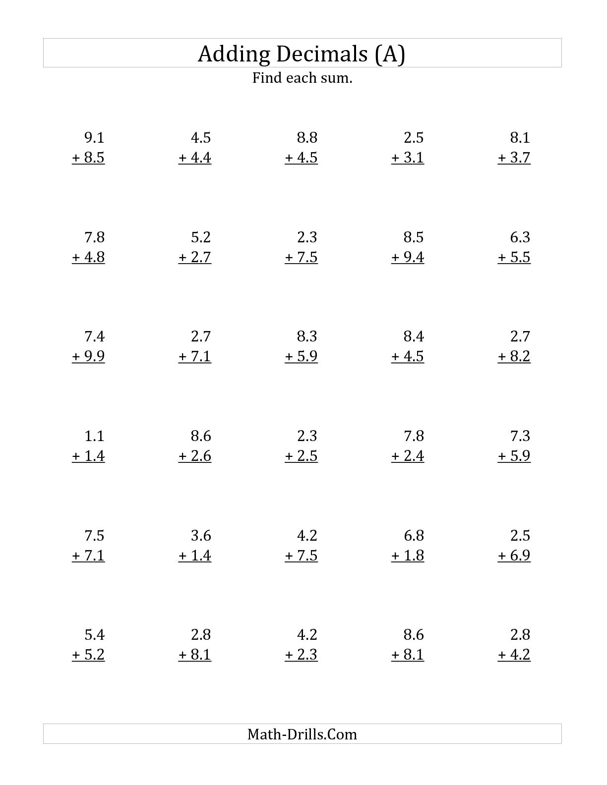 Addition Worksheets with Decimals