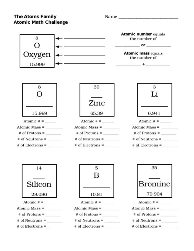 Atoms Family Atomic Math Challenge Worksheet