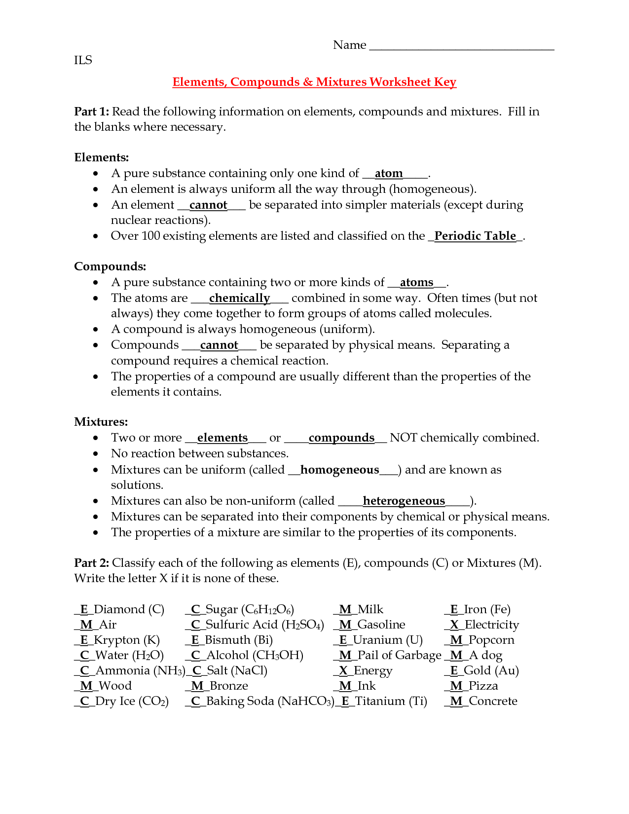 17 Elements Compounds And Mixtures Worksheet Answer Key Worksheeto