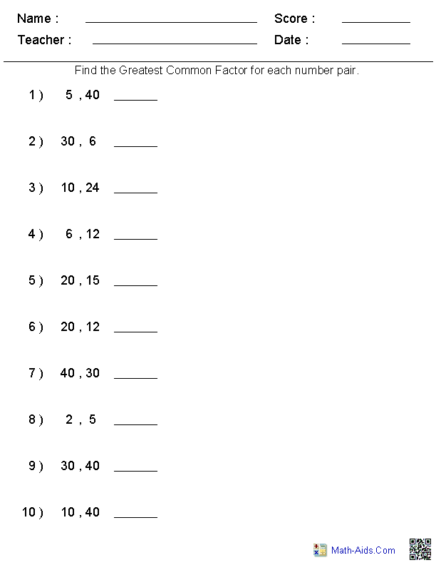 Greatest Common Factor 6th Grade Math Worksheet