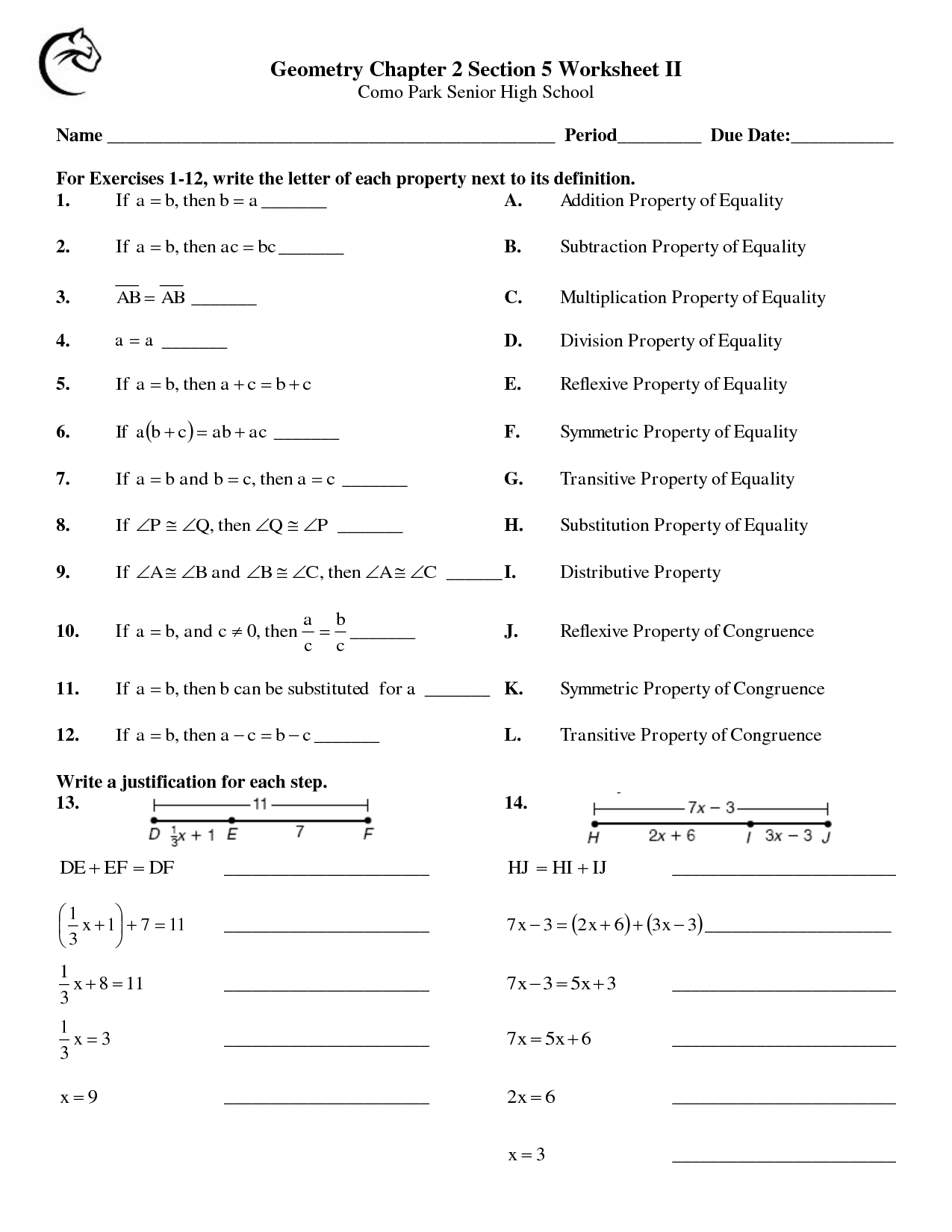 Addition And Subtraction Properties Of Equality Worksheets