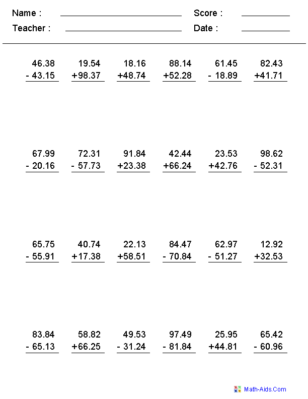 Math Adding and Subtracting Decimals Worksheet