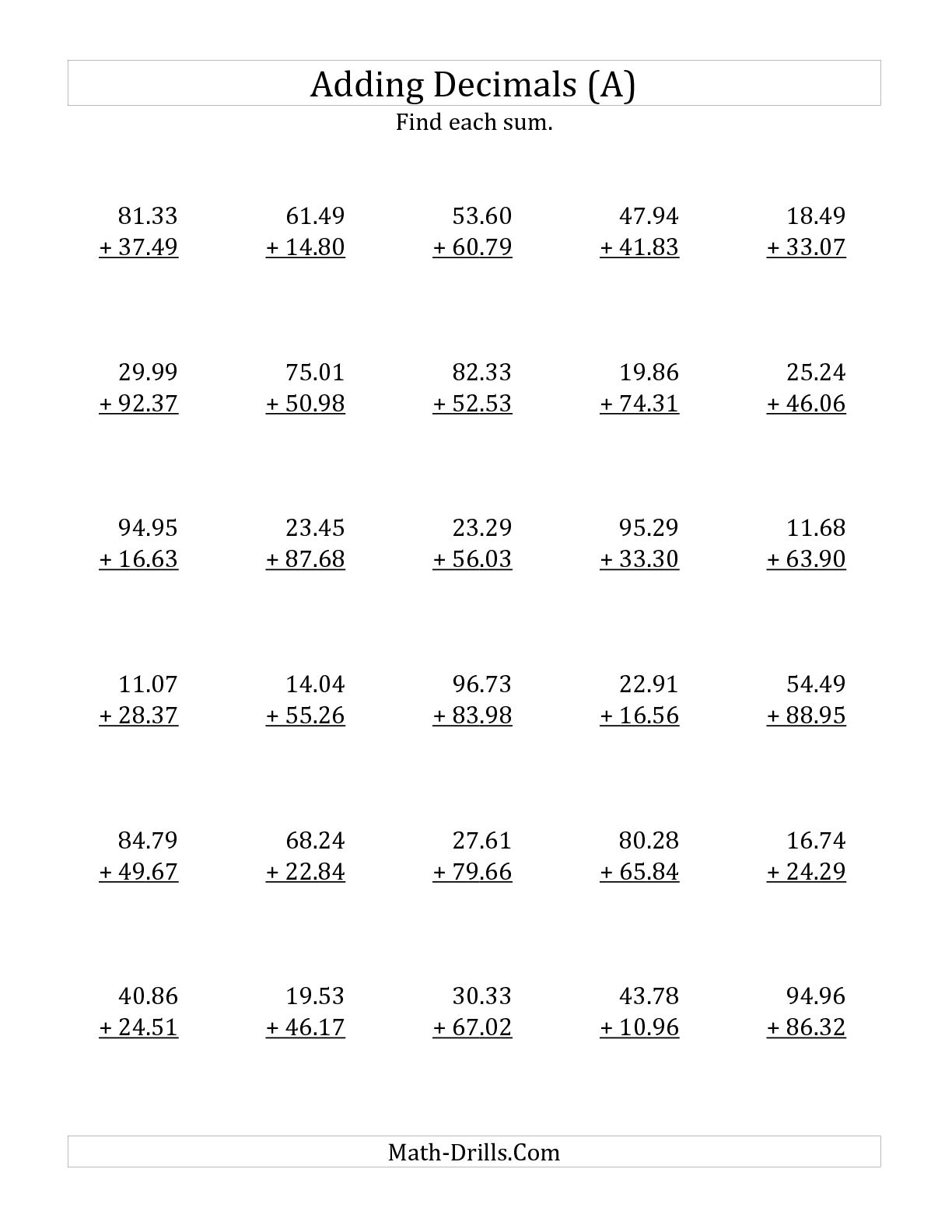 Math Worksheets Adding Decimals