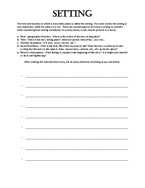 Setting Story Elements Worksheets