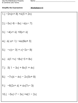 Simplifying Expressions Worksheets 7th Grade