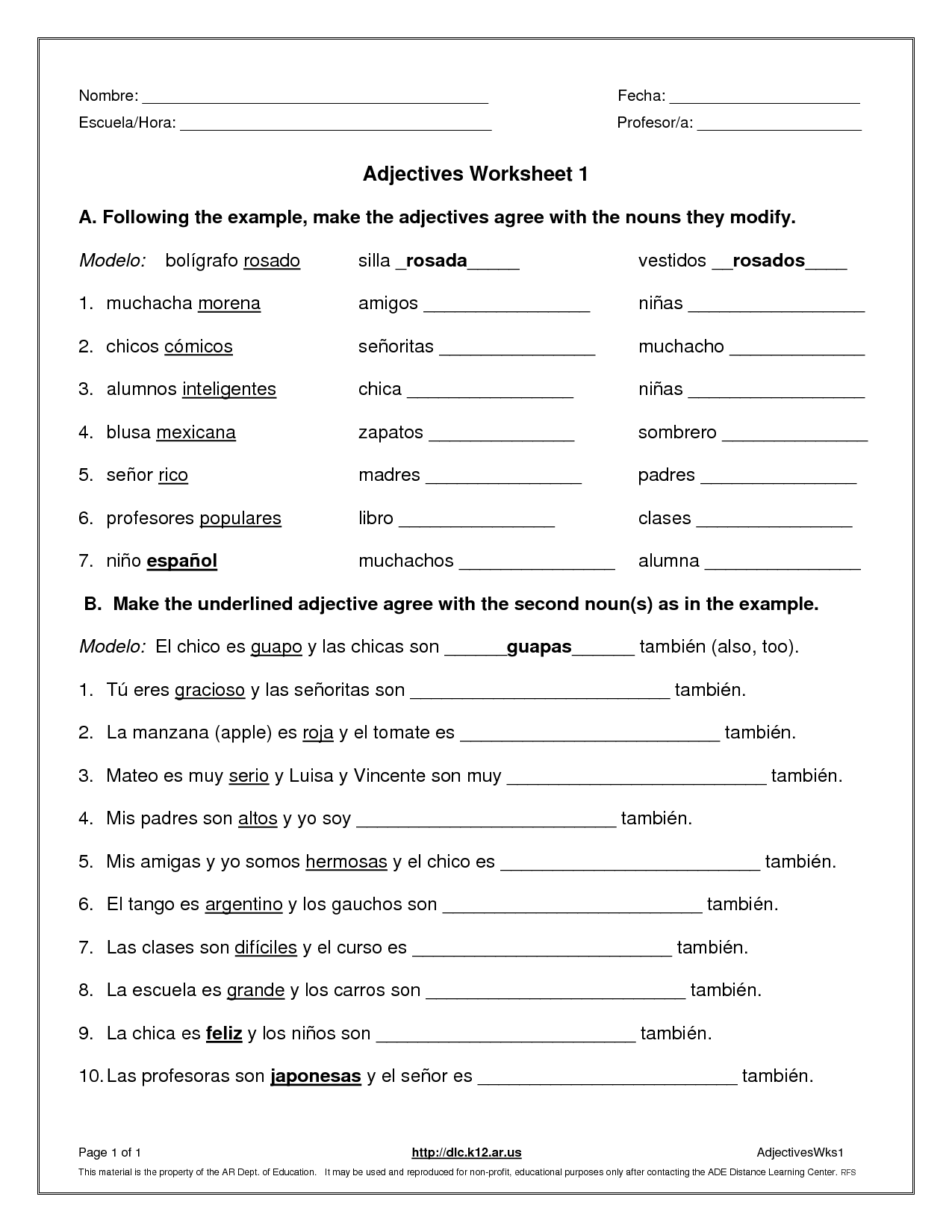 Spanish Adjectives Worksheet PDF