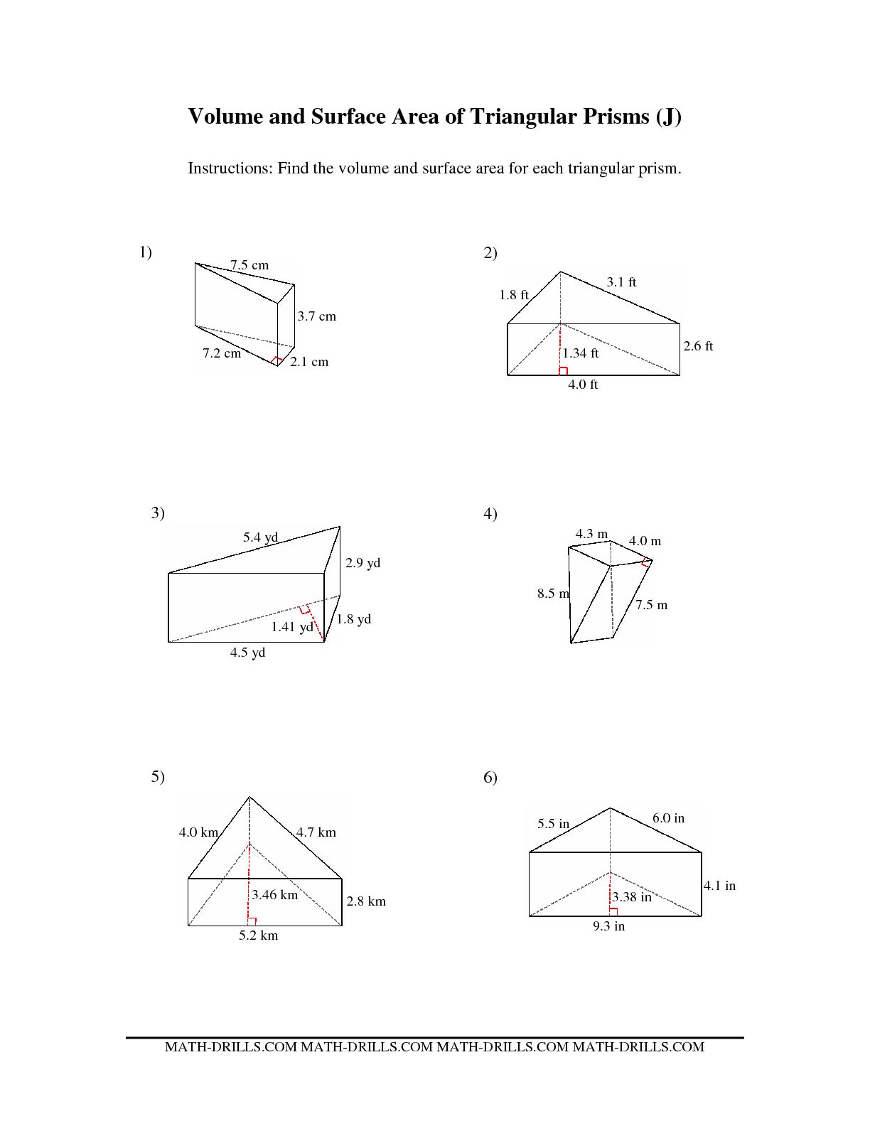 Triangular Prism Surface Area Worksheet