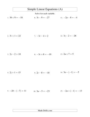 Algebra Solving Linear Equations Worksheets