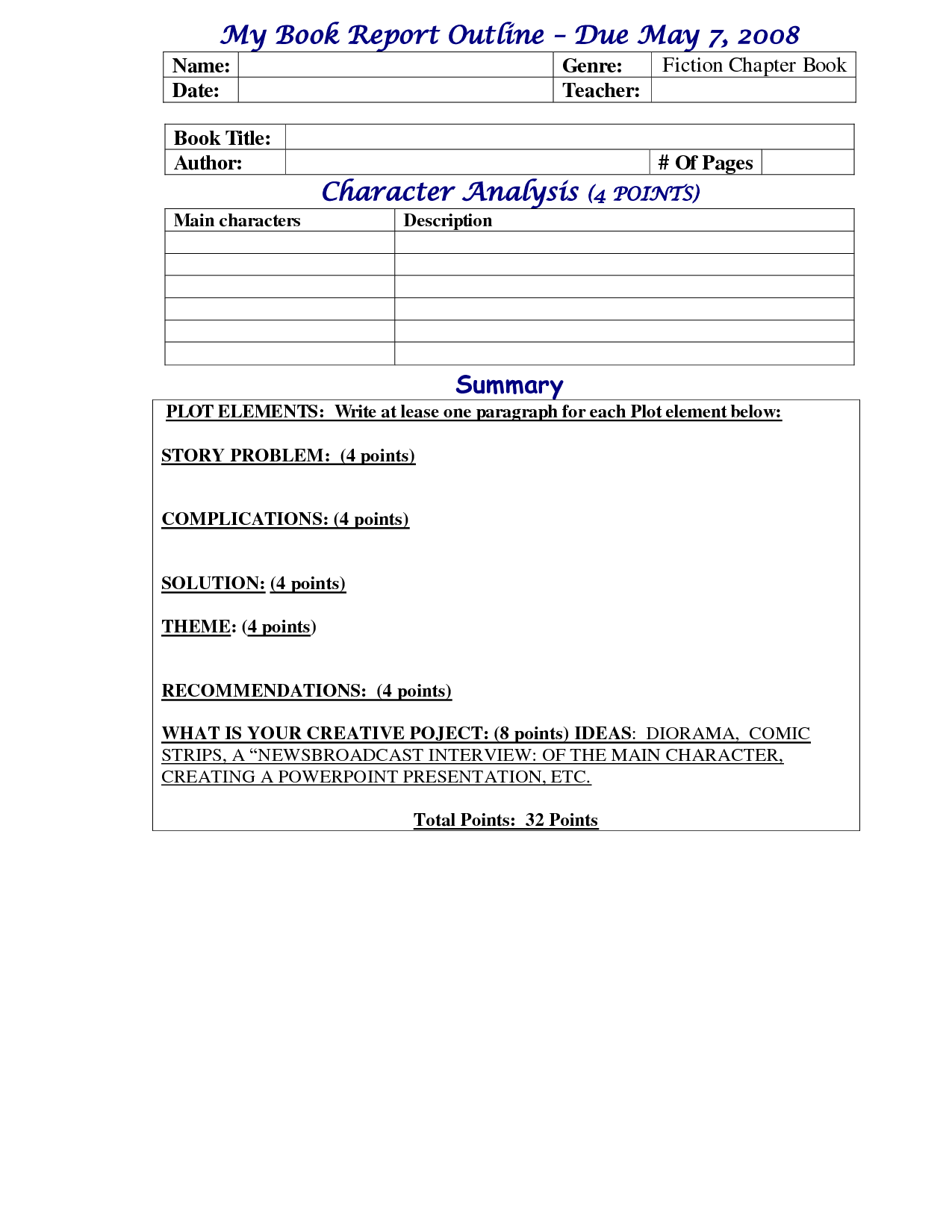 Book Report Outline Template