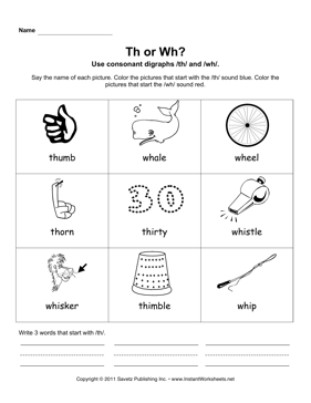 Consonant Digraph Th WH Worksheets