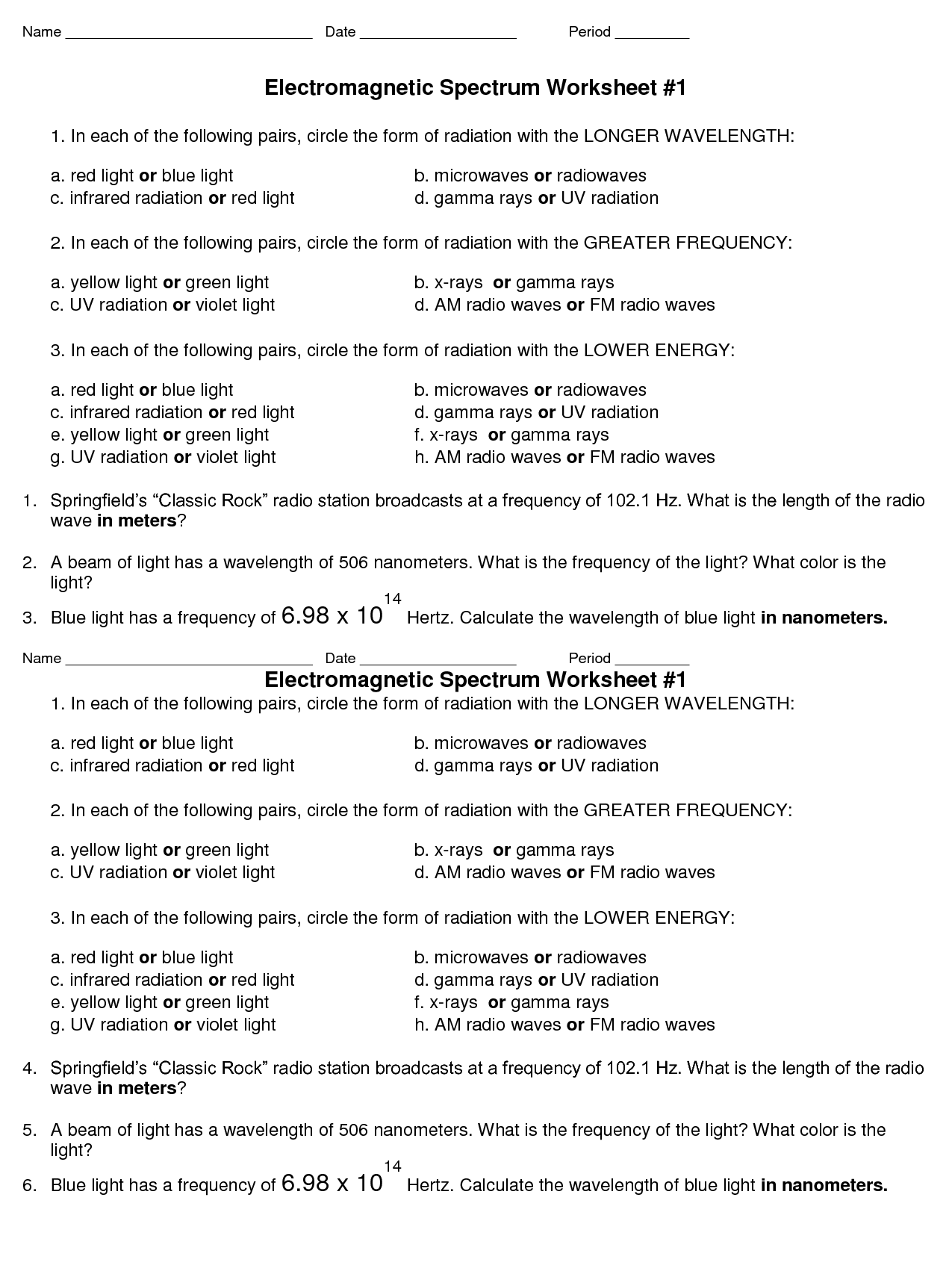 Electromagnetic Spectrum Worksheet