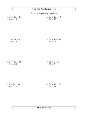 Systems of Linear Equations Worksheets