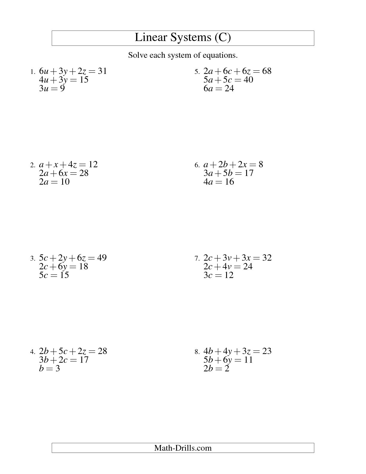 Systems of Linear Equations Worksheets