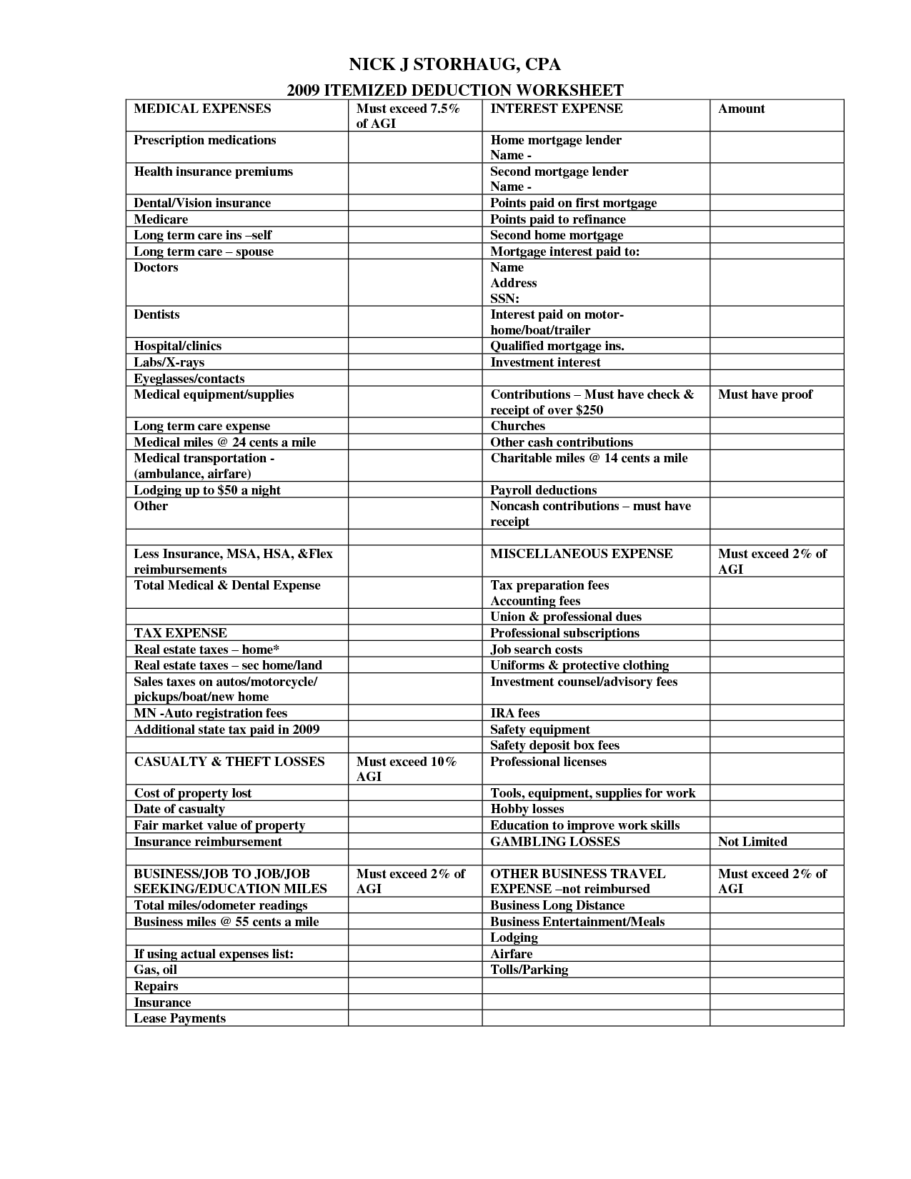 Owner Operator Tax Deductions Worksheet