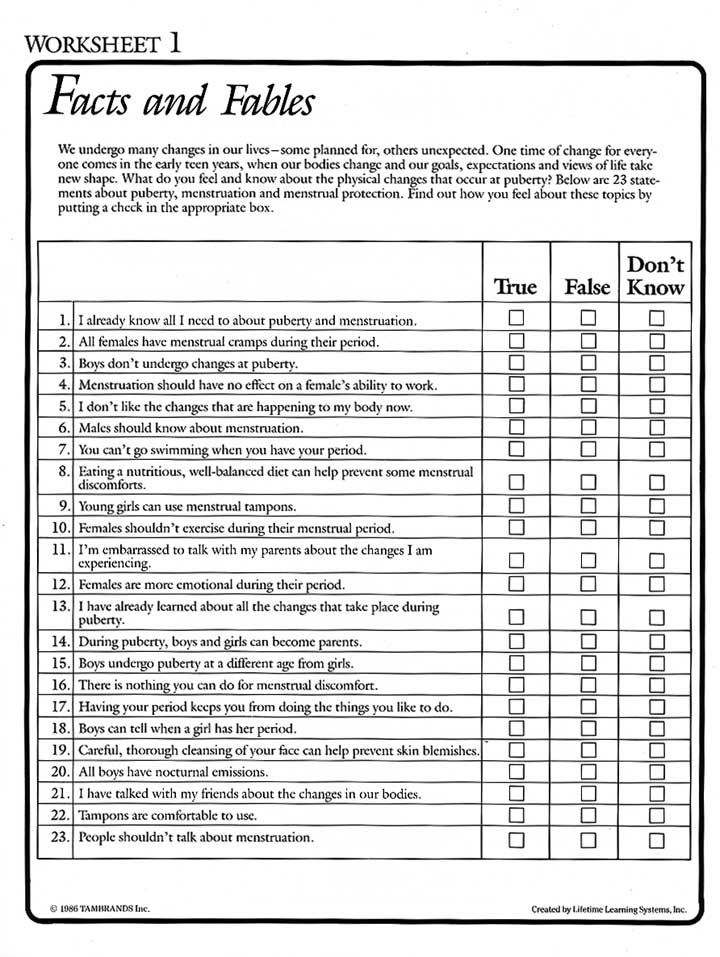 Teen Girls Puberty Worksheets