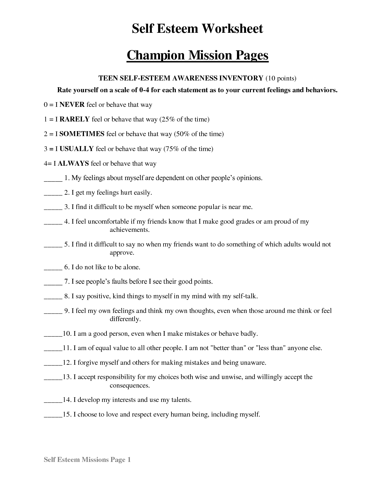 Teen Self-Esteem Worksheets