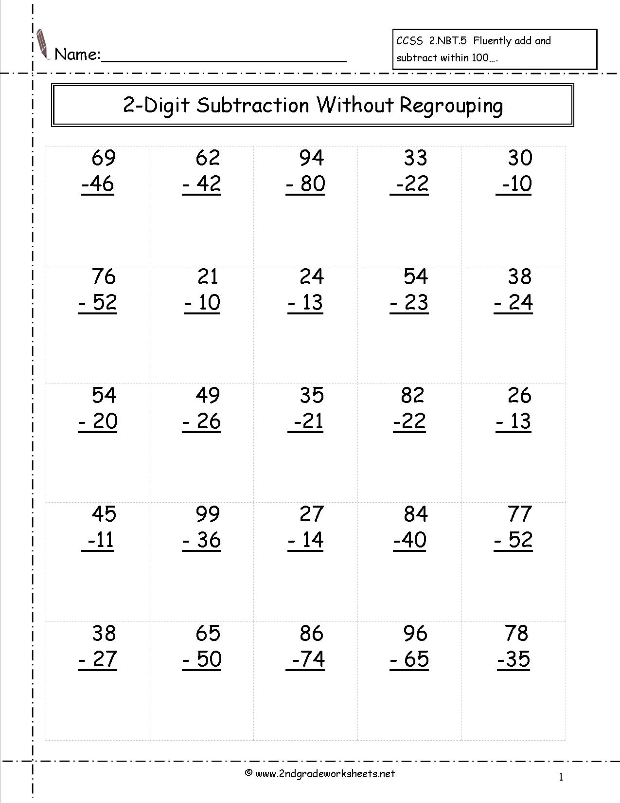 Two-Digit Subtraction with Regrouping Worksheets