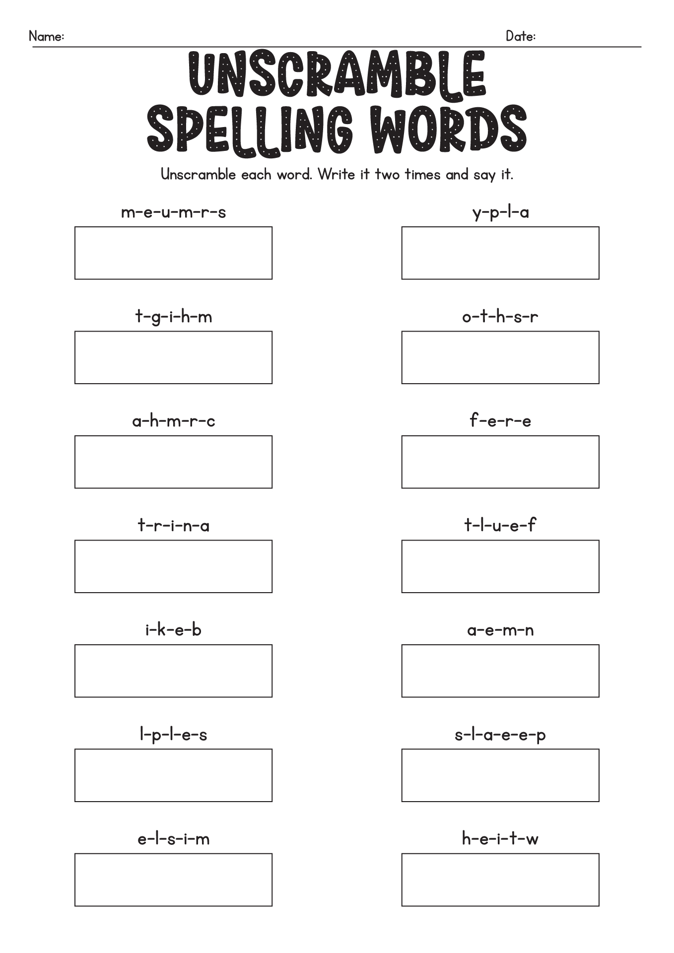 1st Grade Spelling Words Worksheet