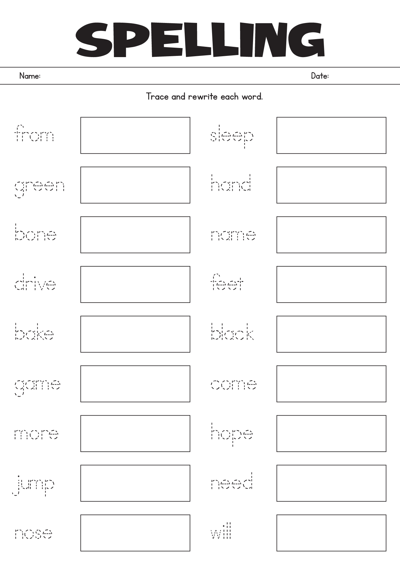 1st Grade Spelling Words Worksheet