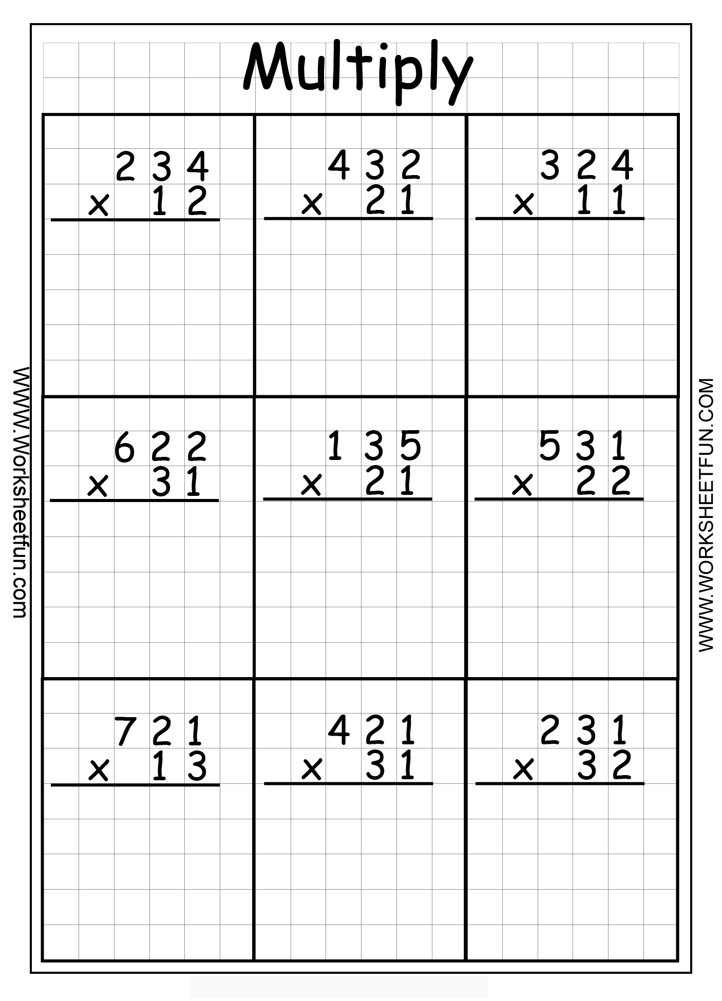 3 by 2 Digit Multiplication Worksheets