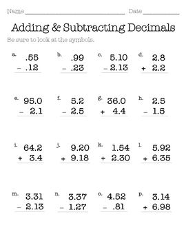 Adding and Subtracting Decimals Worksheet 4