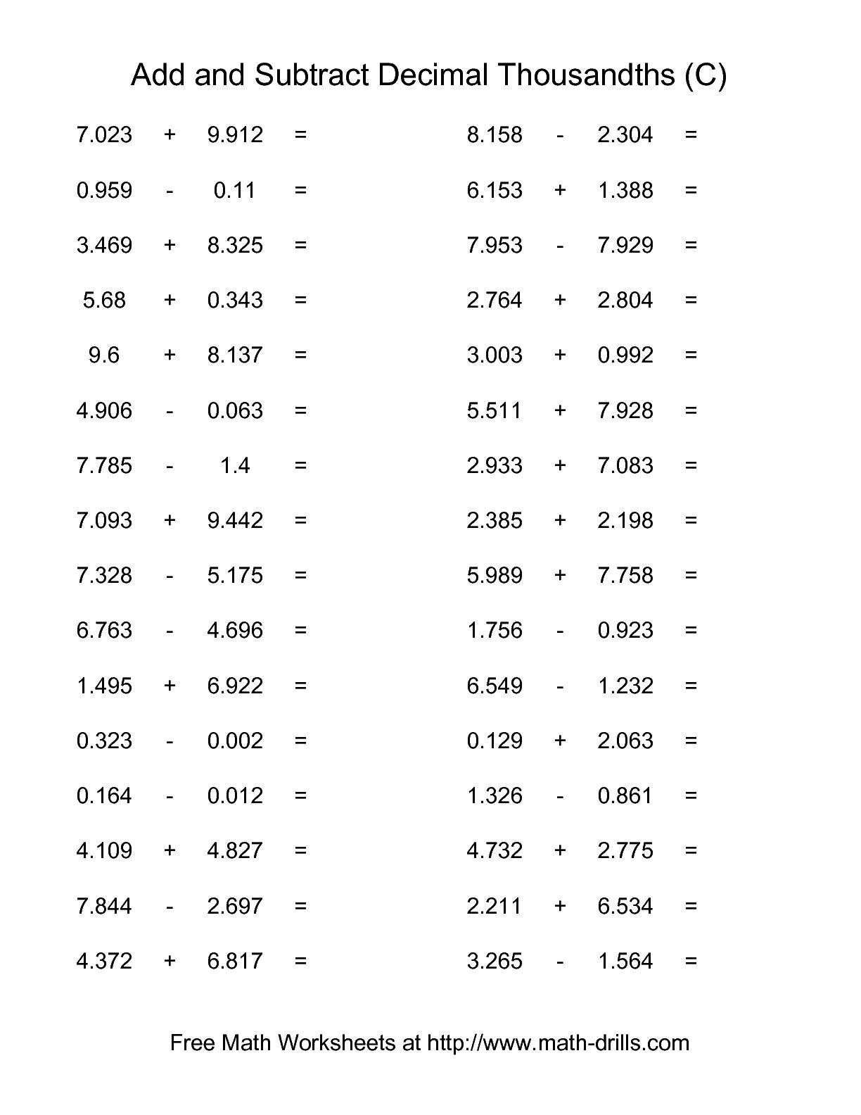 Adding and Subtracting Decimals Worksheets