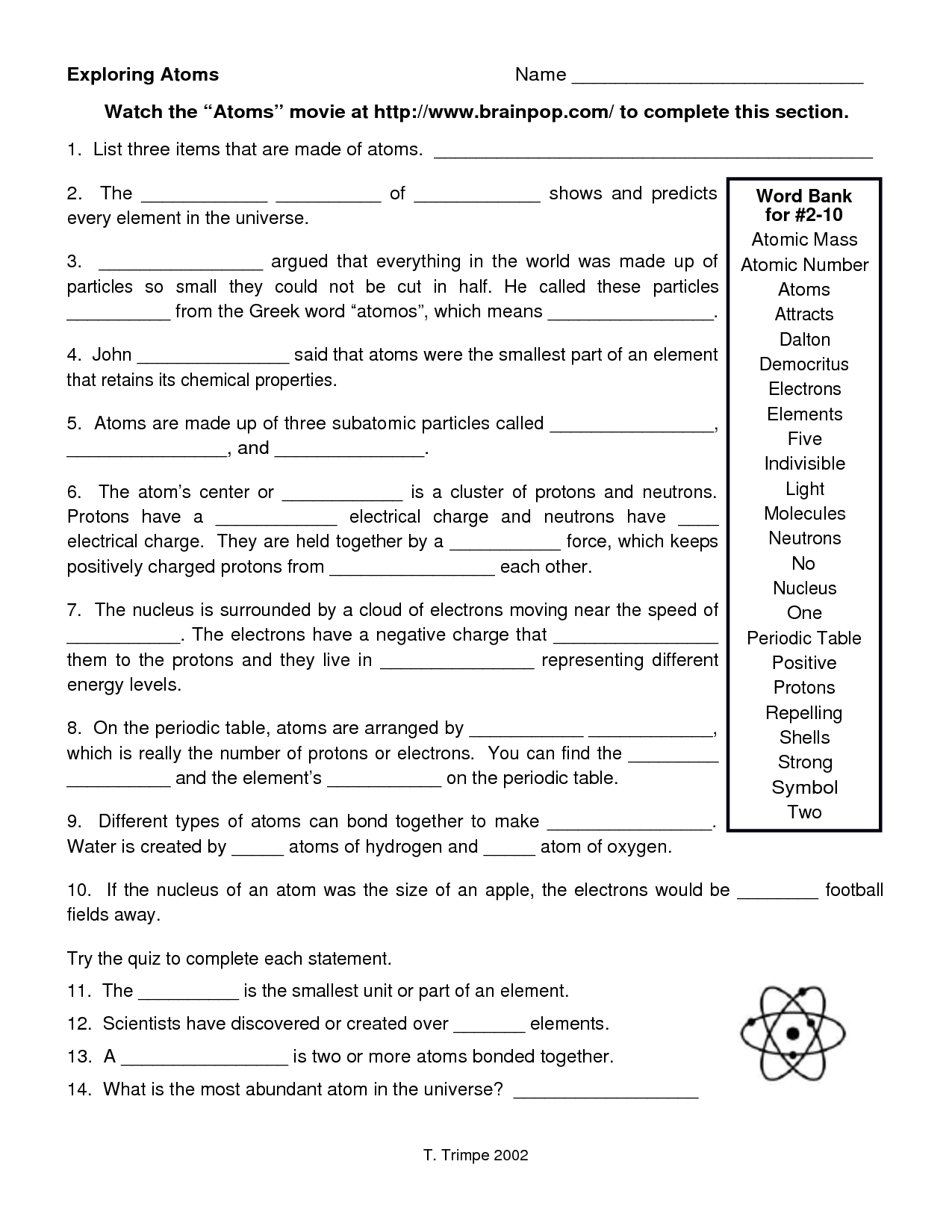 Science Atoms And Molecules Worksheet
