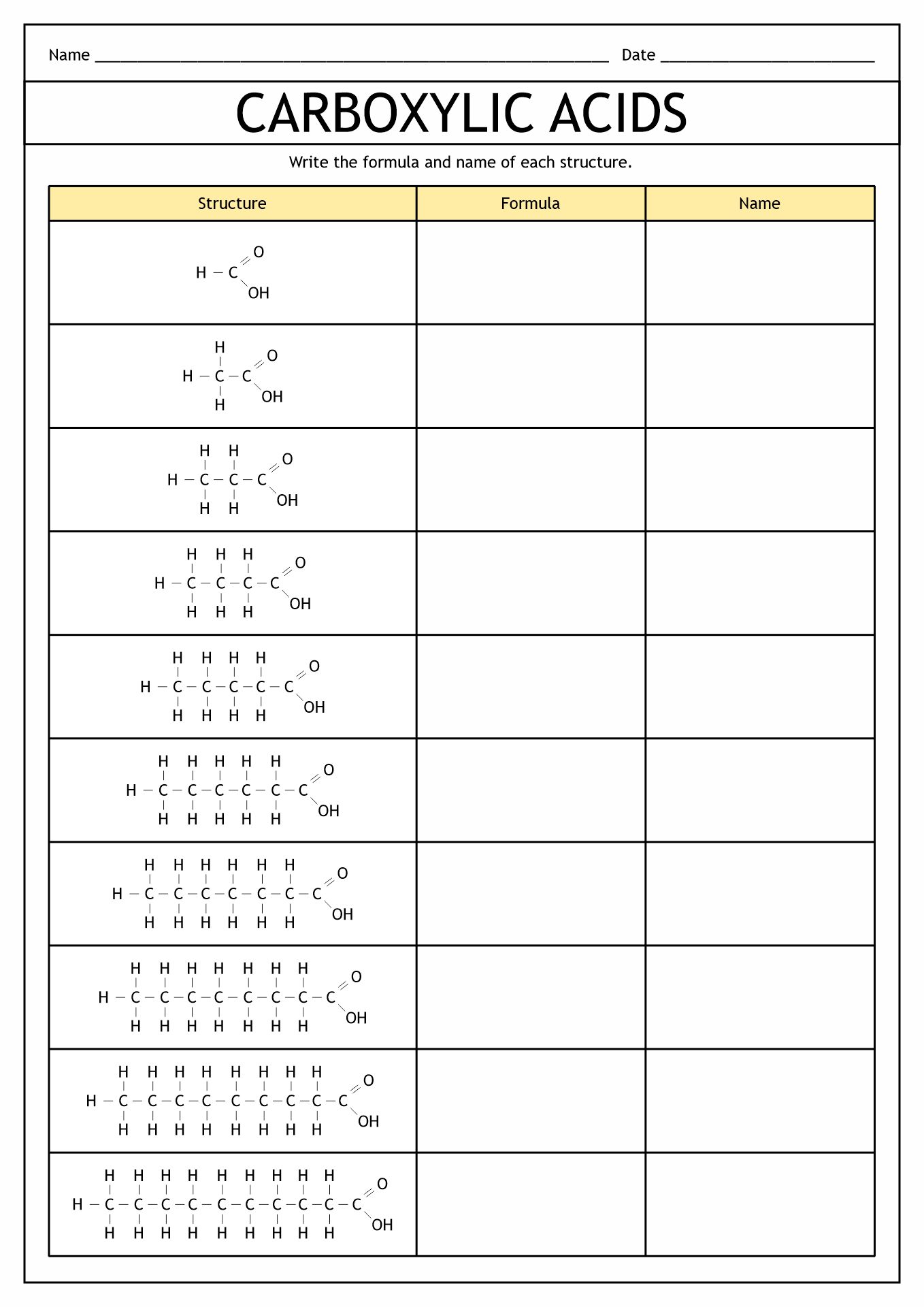 Carboxylic Acid Worksheet