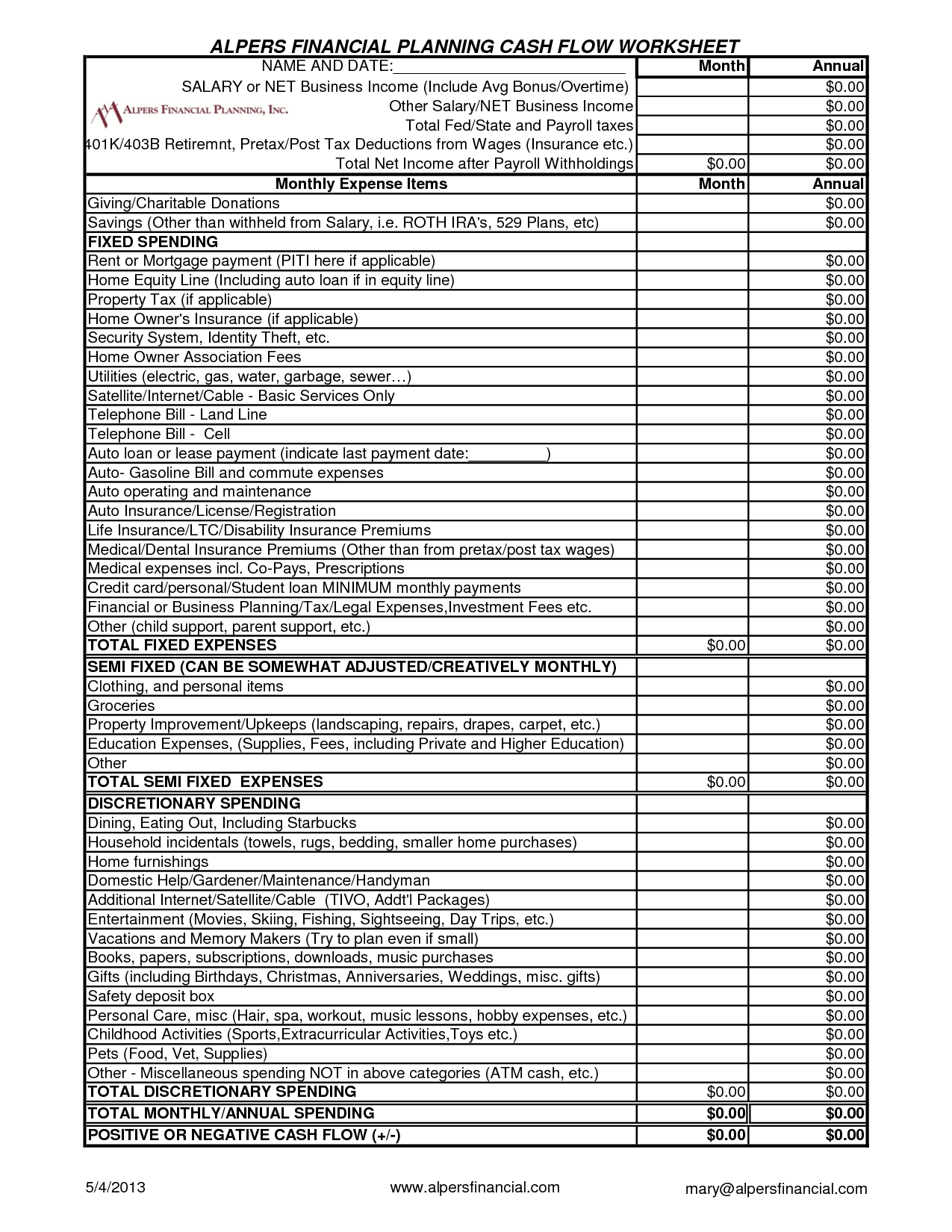 Cash Flow Planning Worksheets