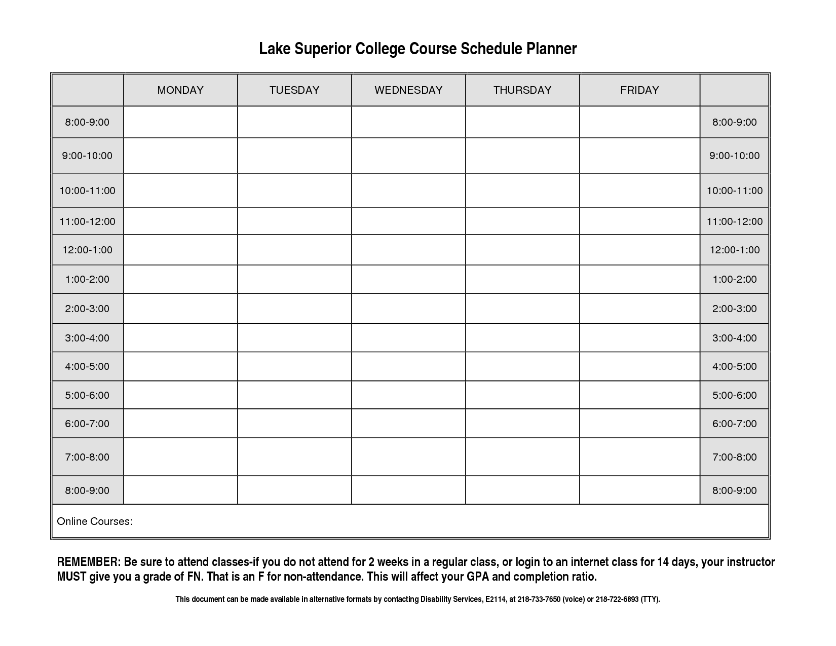 College Class Schedule Template Weekly