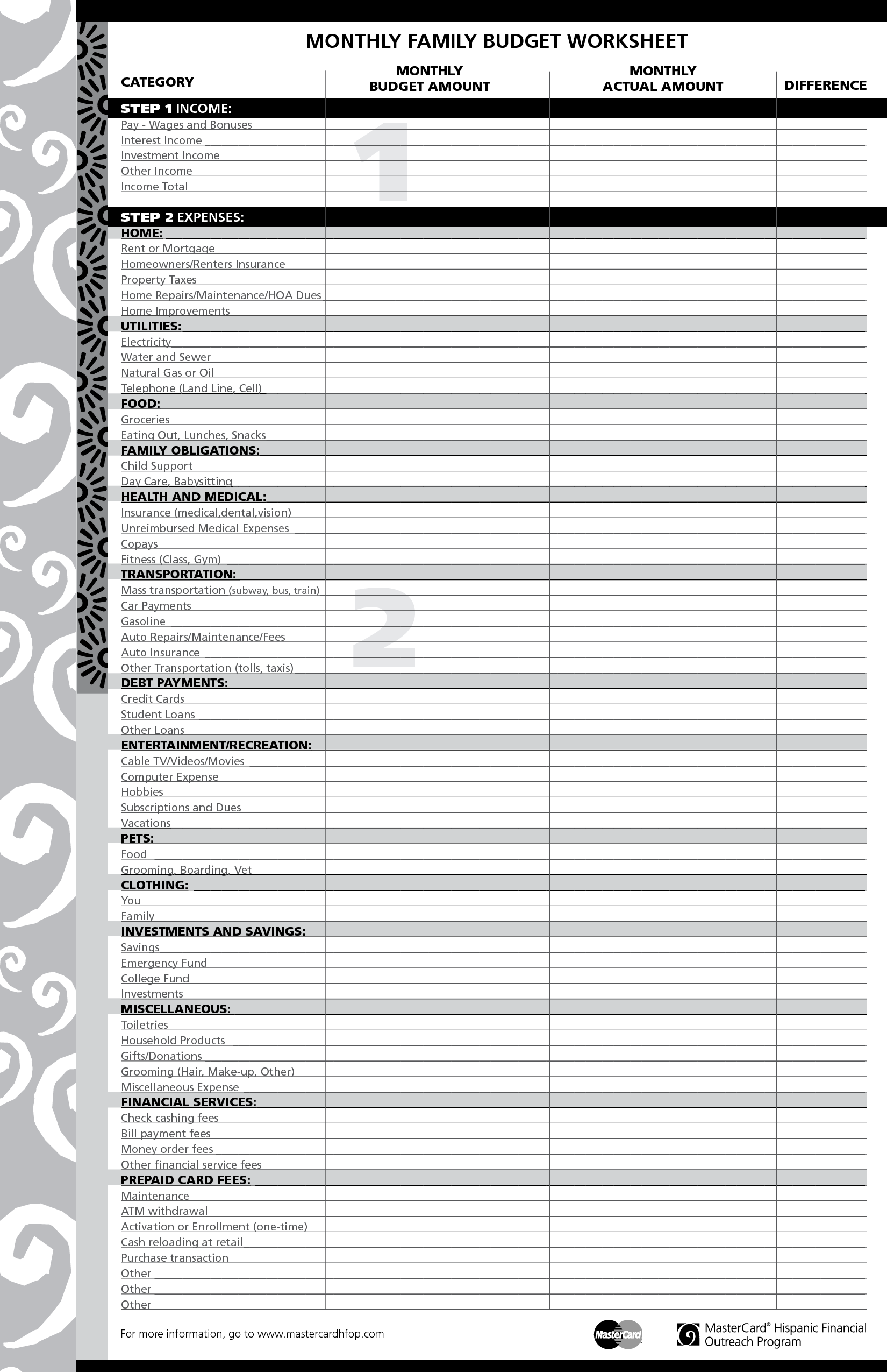 Family Monthly Budget Worksheet