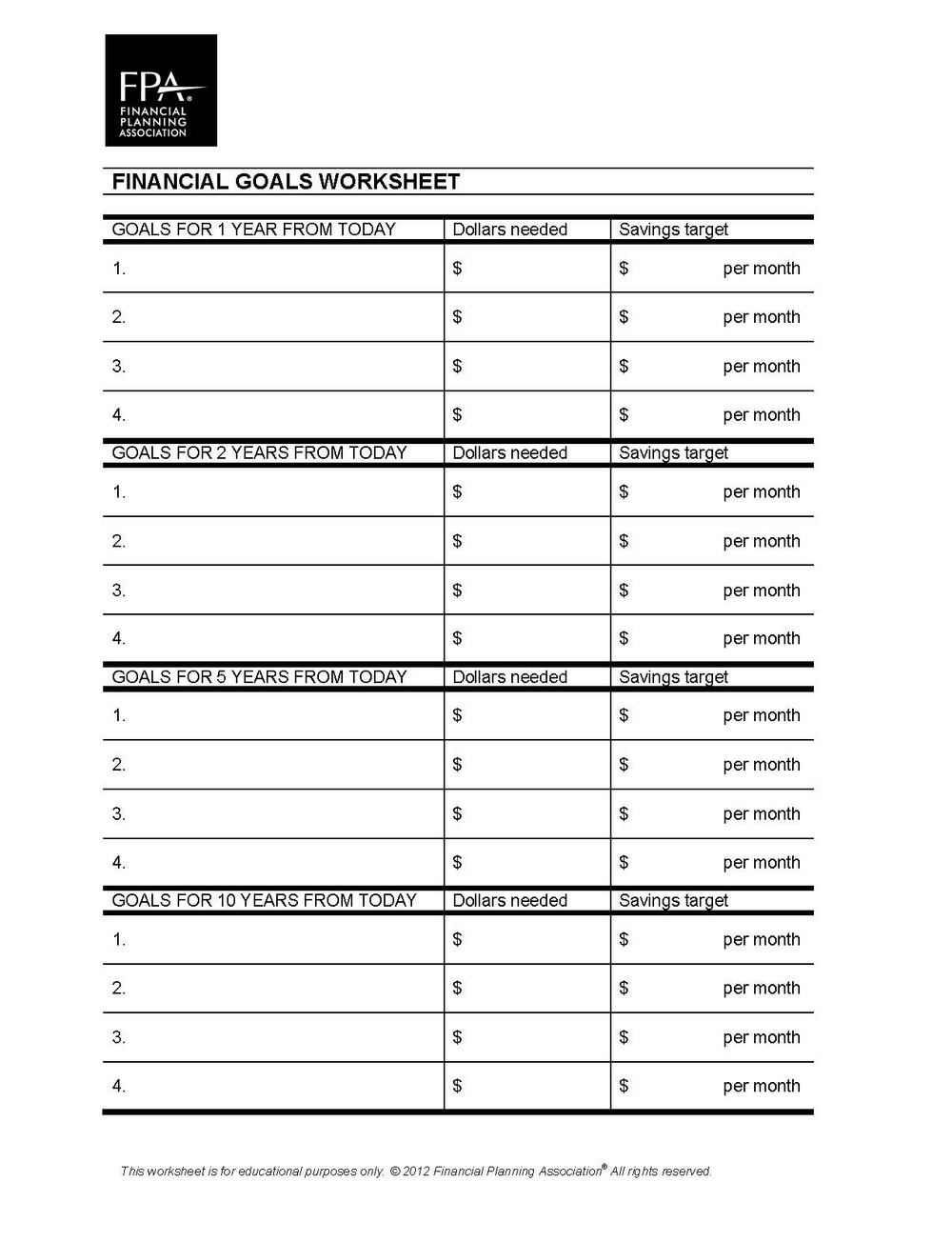 Financial Planning Goals Worksheet