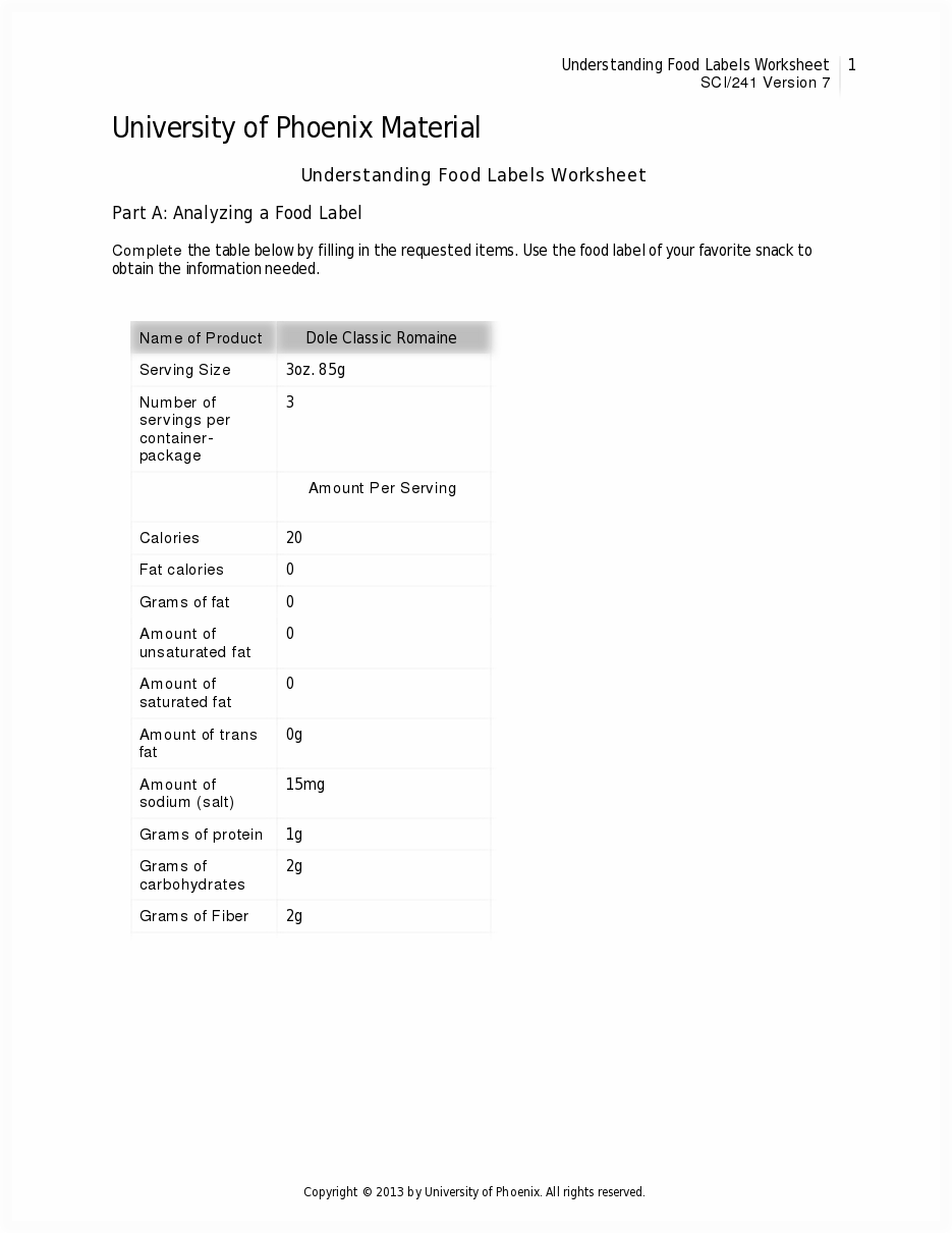 Food Label Worksheet