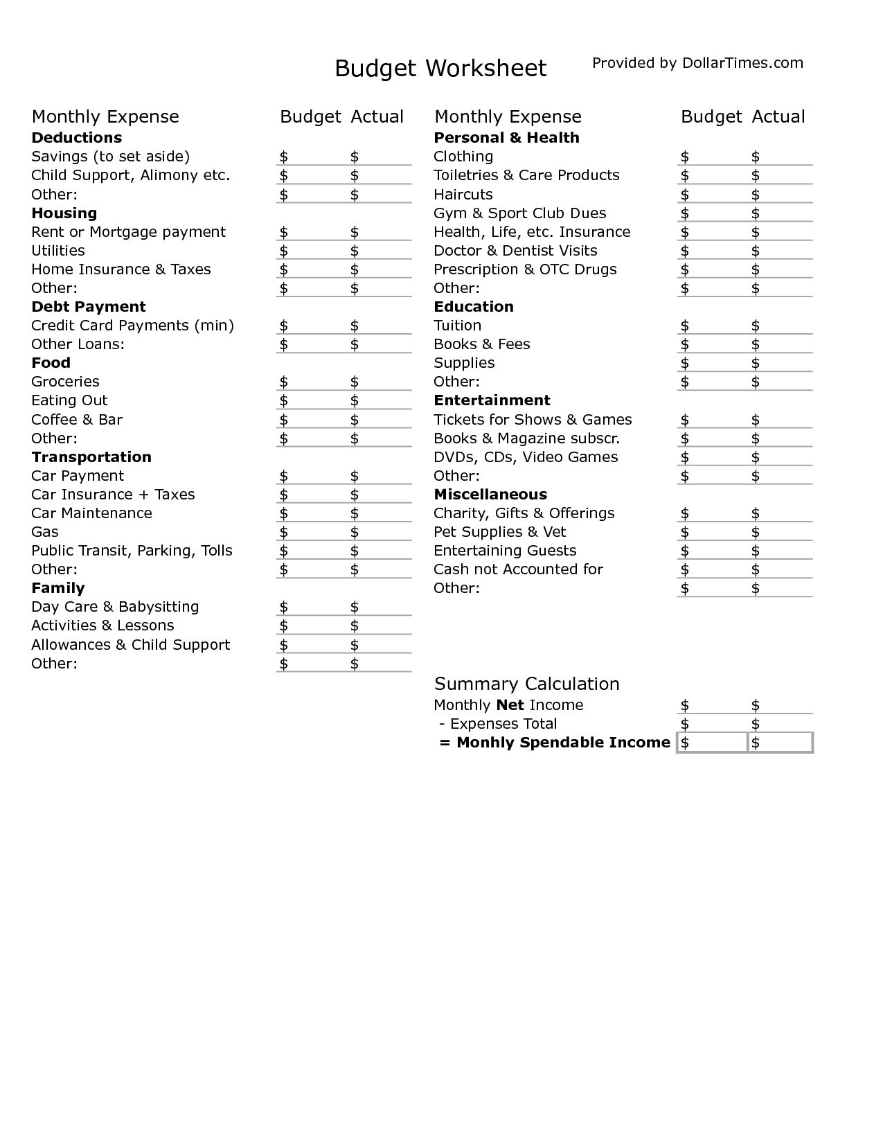 Free Printable Budget Worksheets