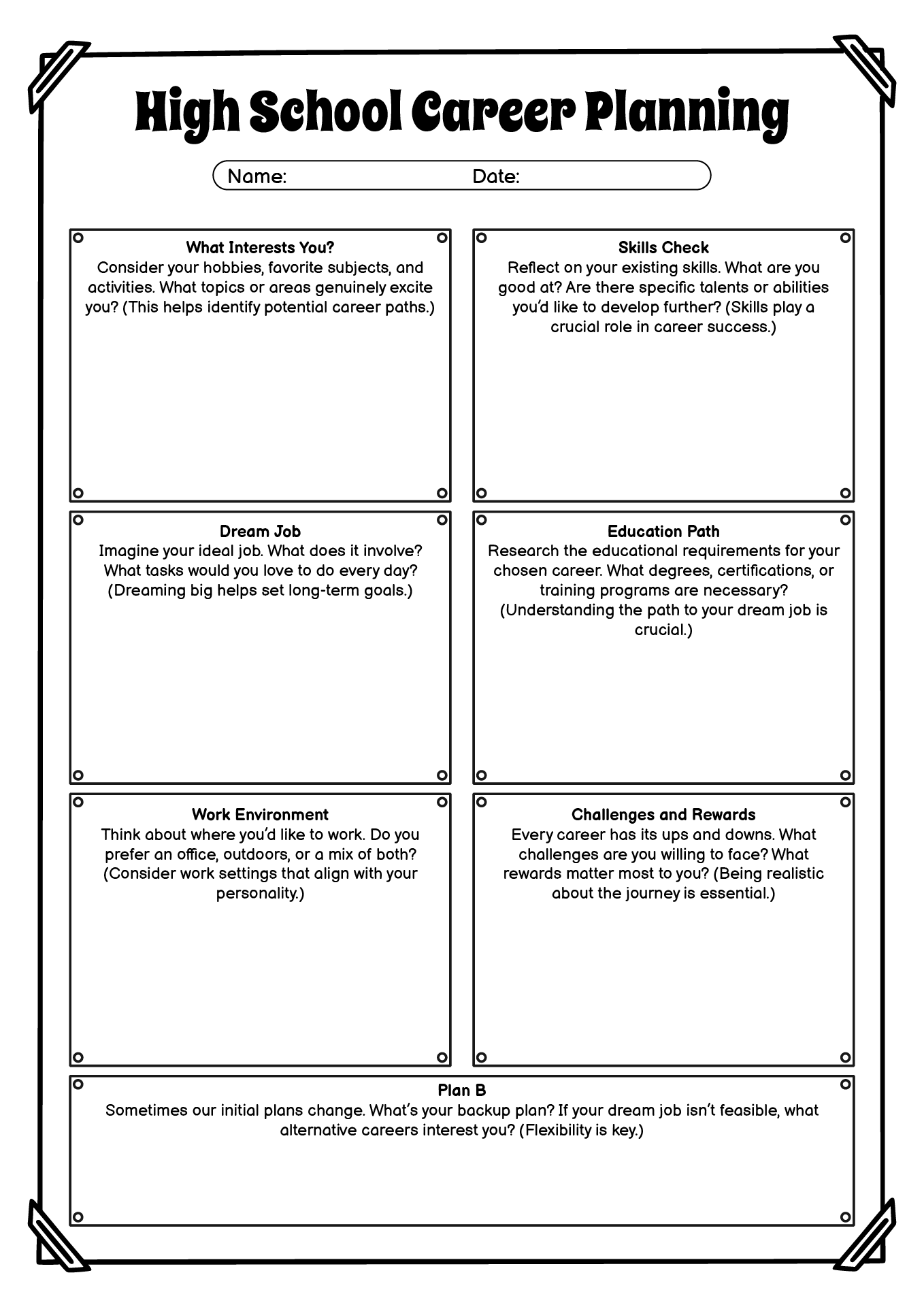 High School Career Planning Worksheet