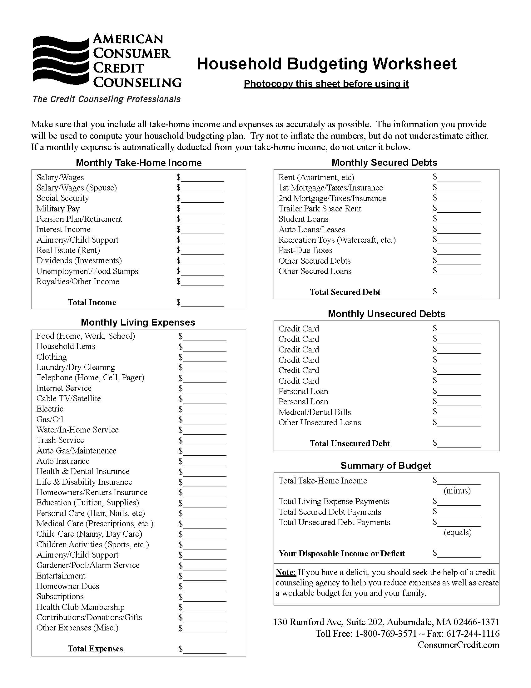 Household Budgeting Worksheet