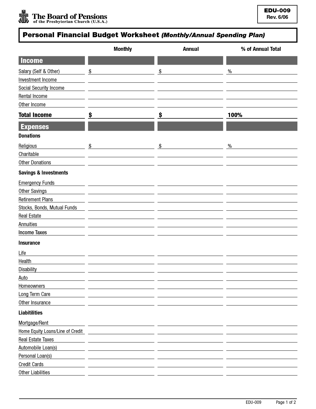 Monthly Financial Budget Worksheet