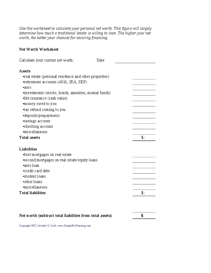 Net Worth Worksheet