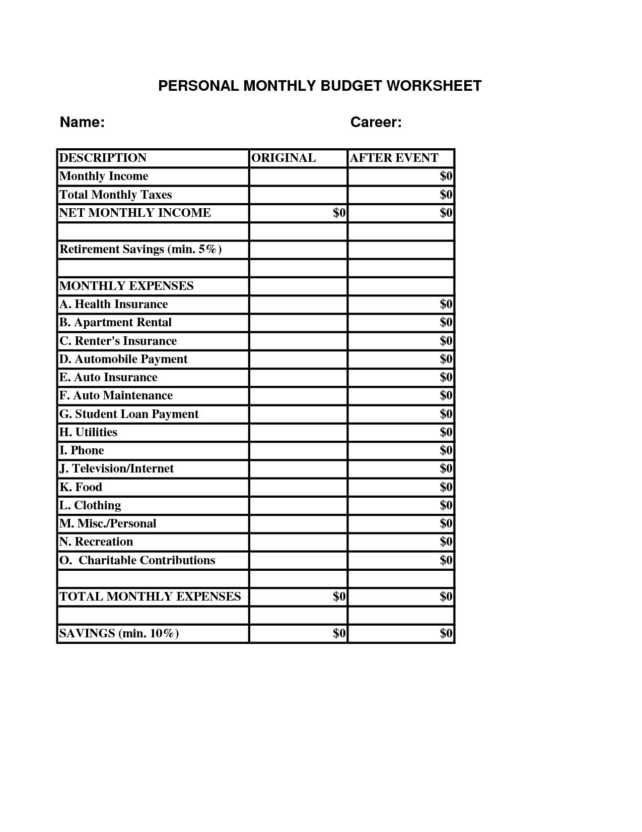 Personal Monthly Budget Worksheet Printable