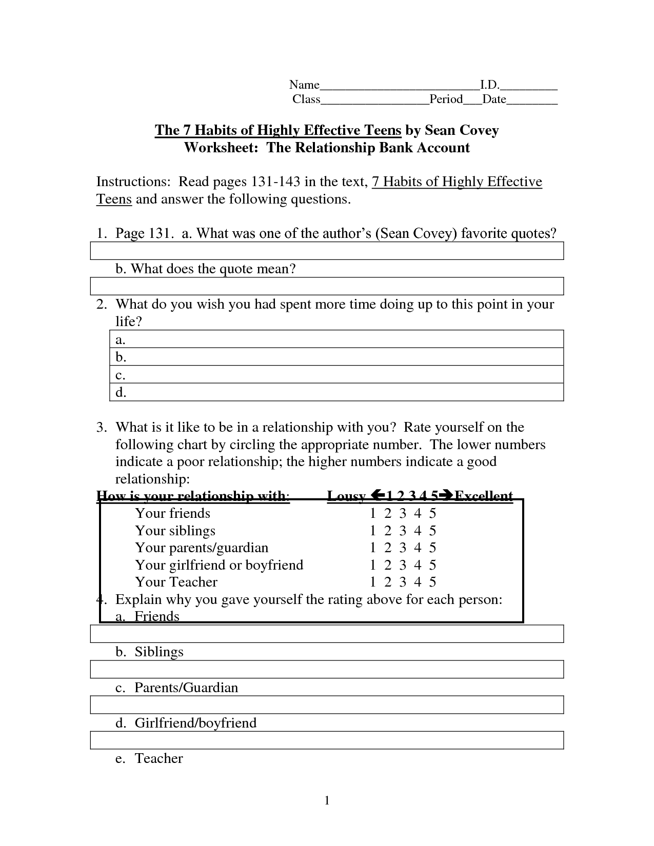 Personal Relationship Worksheets for Teens