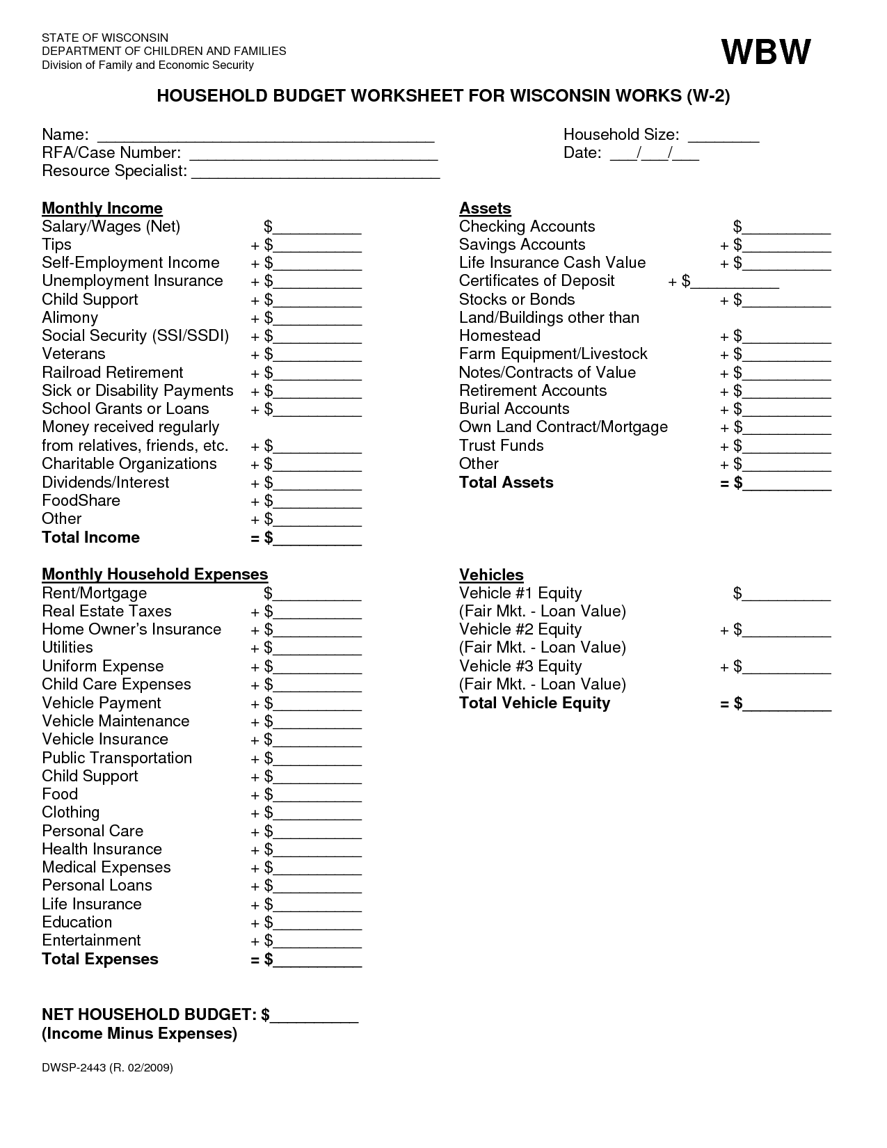 Sample Household Budget Worksheet