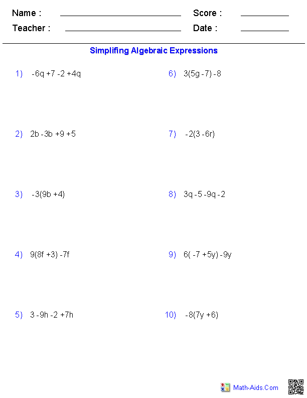 Simplifying Algebraic Expressions Worksheet