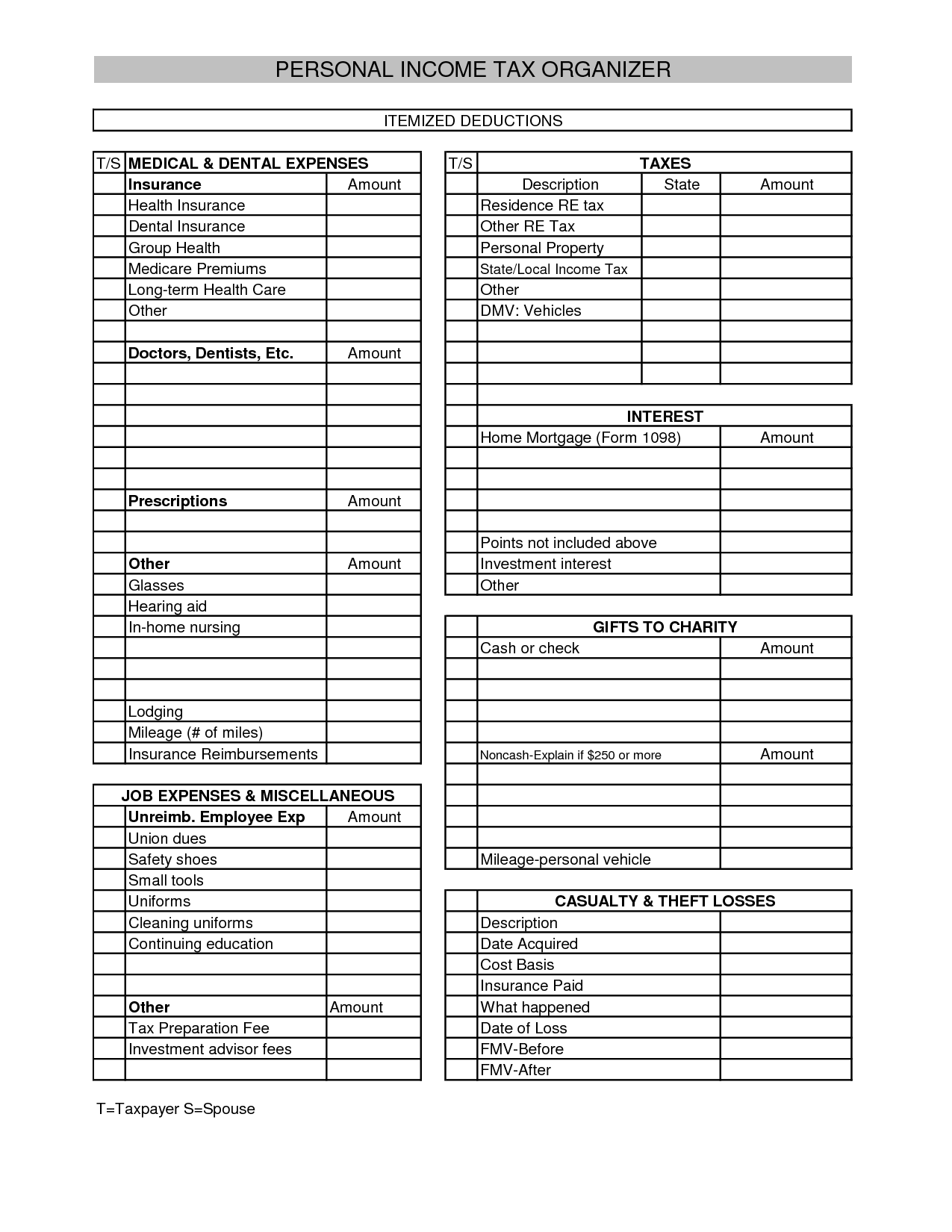 Tax Itemized Deduction Worksheet