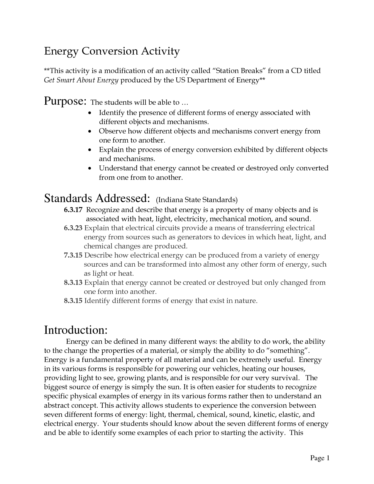 6th Grade Energy Transformation Worksheet