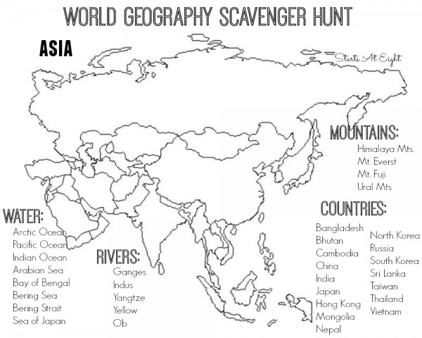 Black and White Physical Map Asia