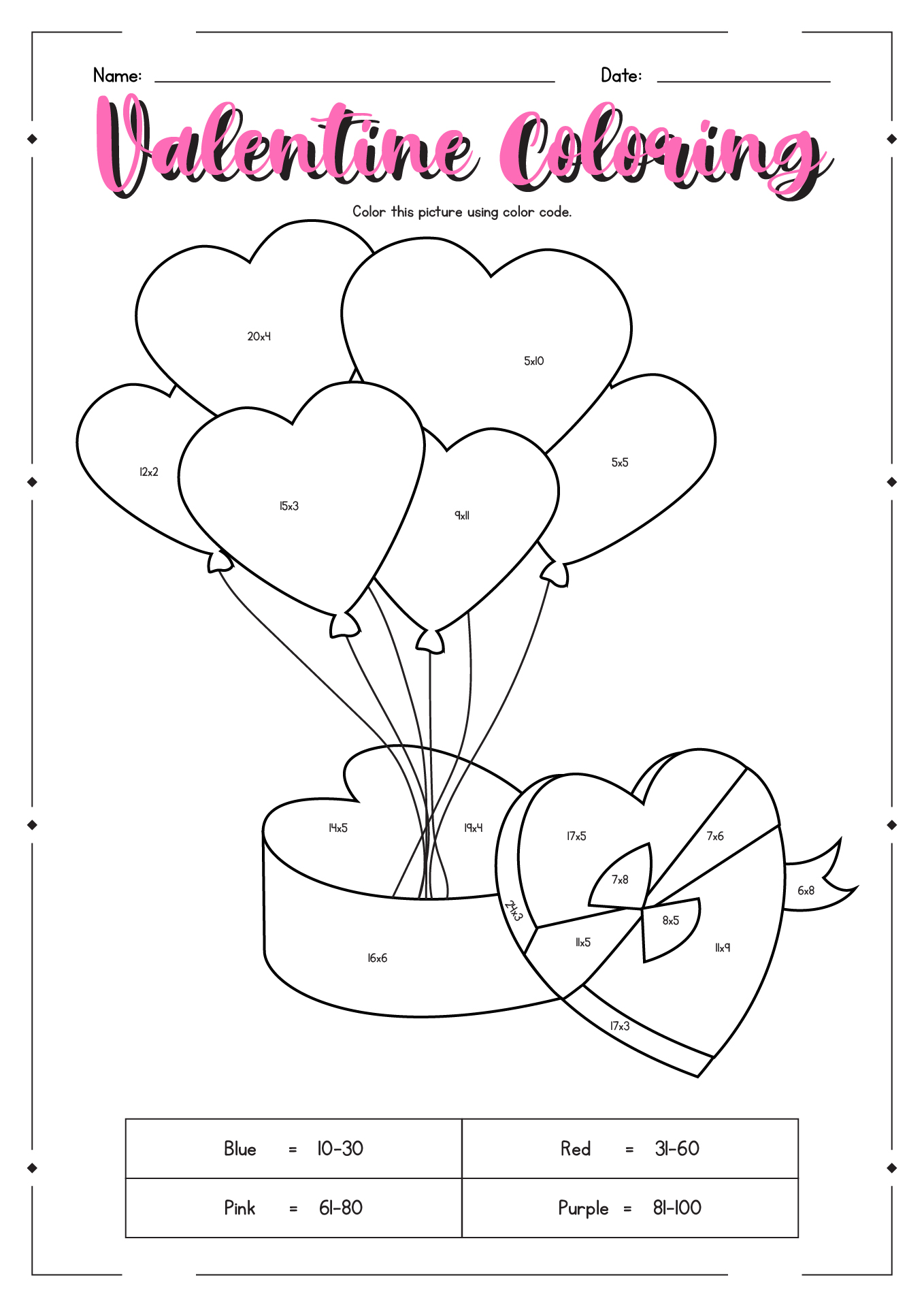 Free Valentine Math Coloring Sheet