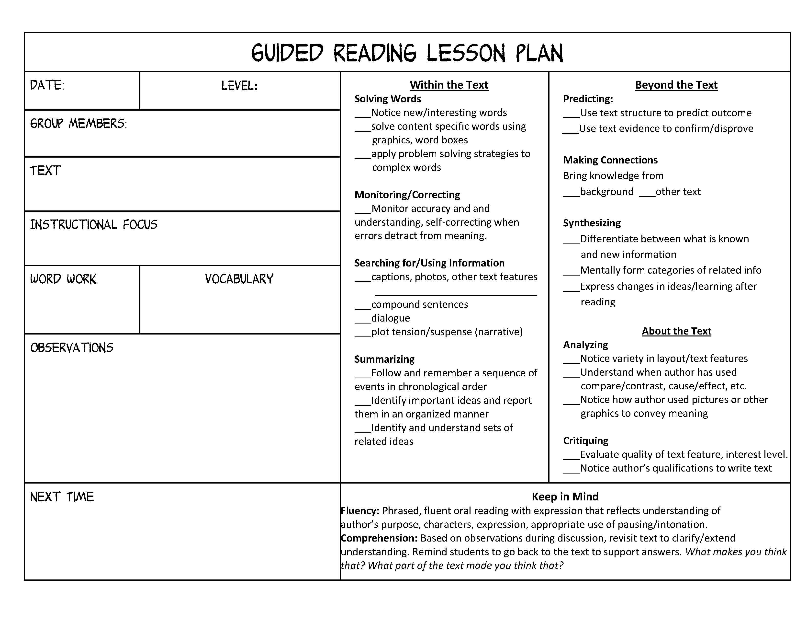 Guided Reading Lesson Plan Templates